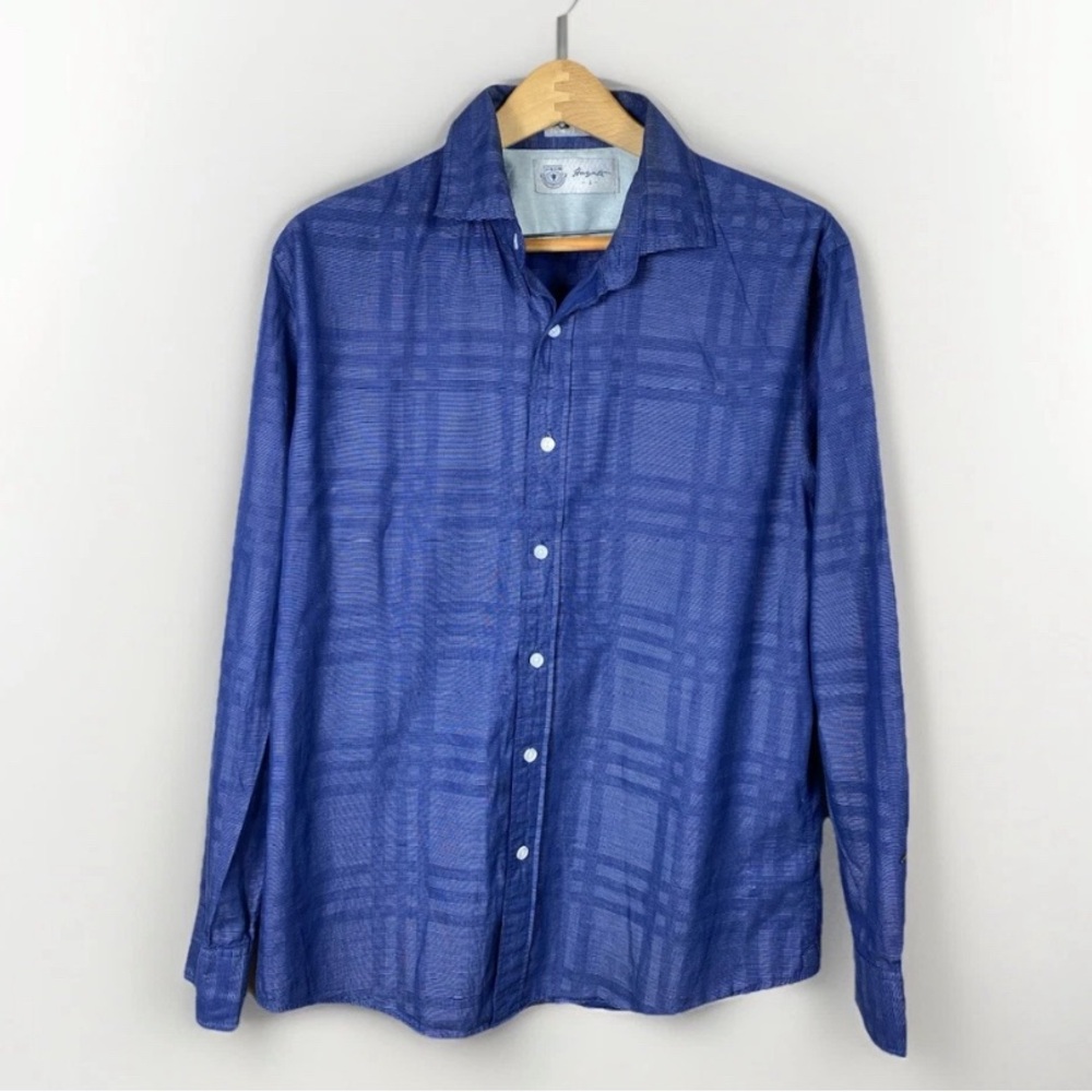 Hayati Men's Large Blue Square Plaid Button Up Long Sleeve Shirt
